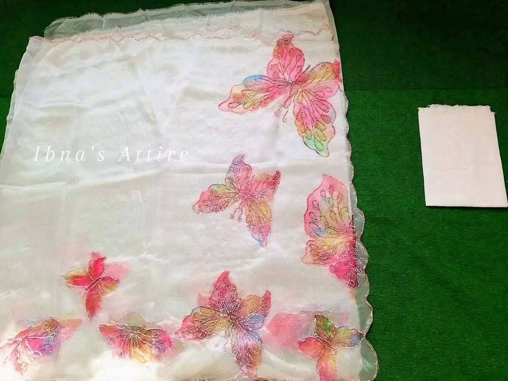 Exquisite Designer Organza Saree with Allover Butterfly Pearl Handwork & Scalloped Cutwork Border | Unstitched Bangalori Silk Blouse