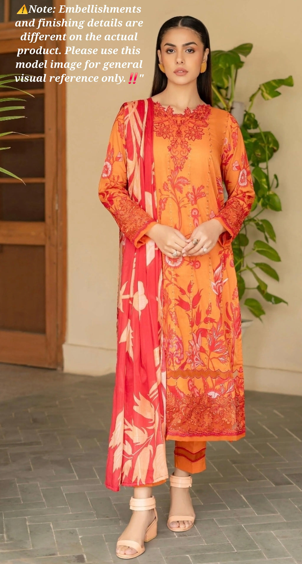 Gull Jee Digital Printed Pure Pakistani Cotton 3-Piece Suit | Orange Embroidered Designer Ethnic Wear (Size-42)