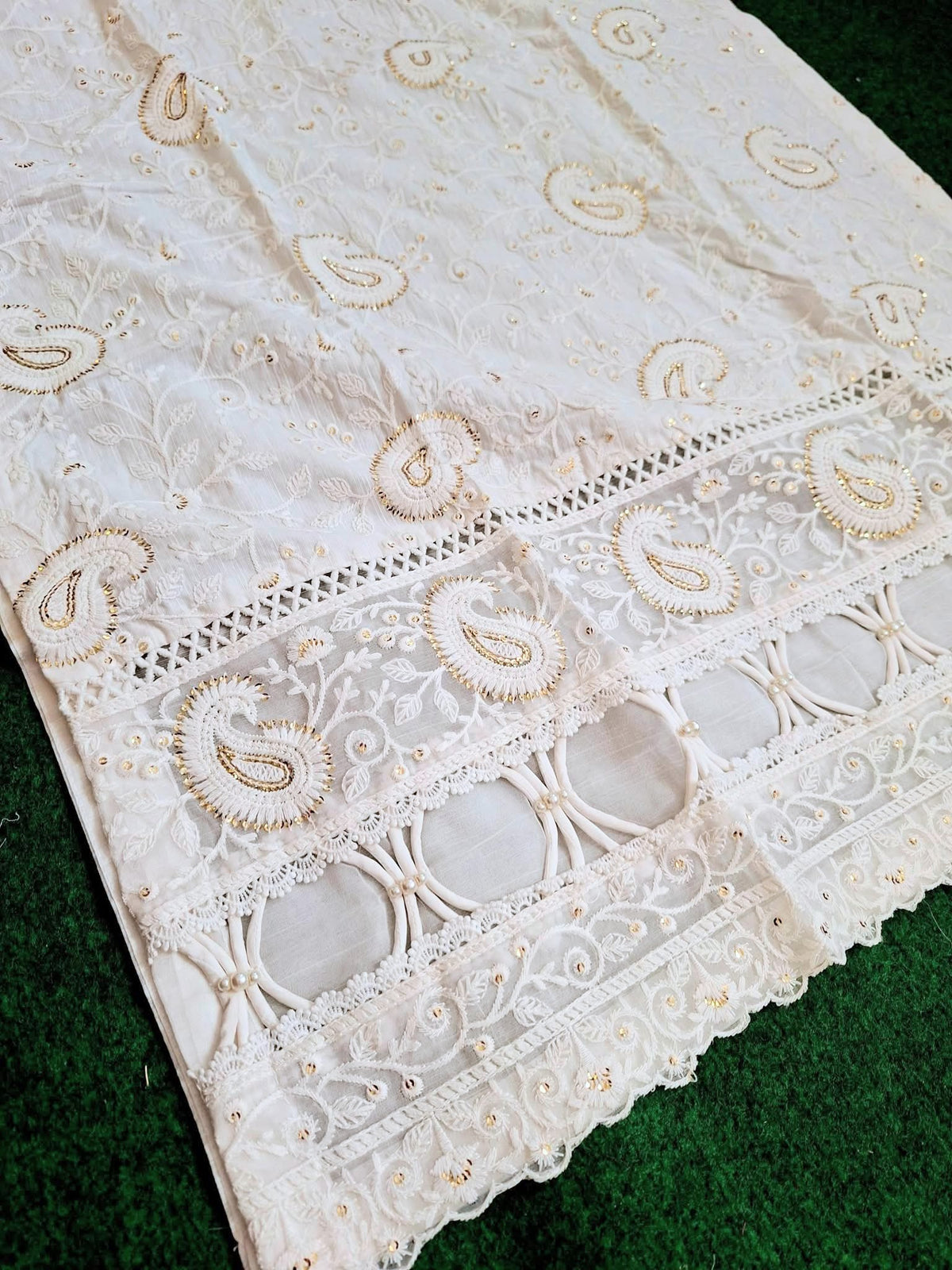 Gul Adhar Luxury Chikankari Collection - White Slub Lawn Shirt, Cambric Trouser, and Digital Printed Chiffon Dupatta-(Size: 40 & 50)