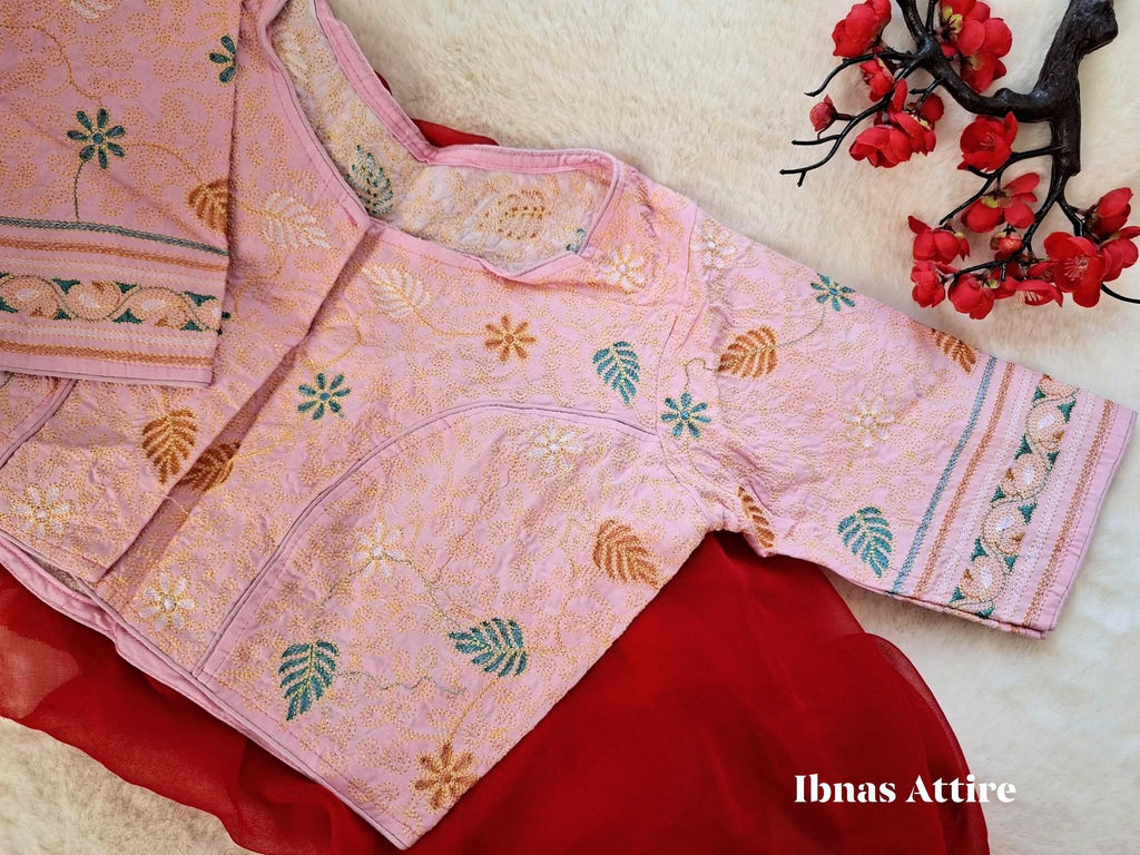Handcrafted Kantha Stitch Malai Cotton Readymade Blouse | Soft Baby Pink Embroidered Saree Blouse(Size-40) (Free size alteration available from 36 to 42 size)