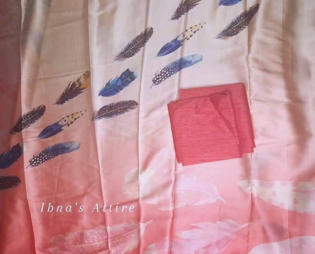 Japan satin silk digital print with foil work saree with blouse piece