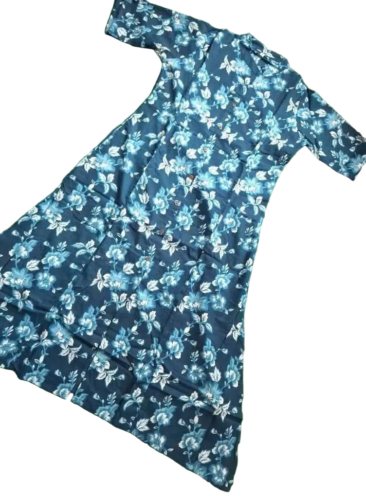 Frleaturing a navy blue Jaipuri Block-Print Cotton Long Kurti on a white background 