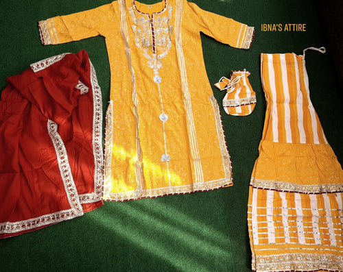 4-Piece Yellow Sharara Suit Set with Zari Embroidery Kurti, Cotton Flared Sharara, Heavy Dupatta & Matching Potli Bag