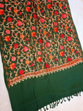 Kashmiri Embroidered Dark Green Wool Blend Shawl | Traditional Floral Aari Embroidered Winter Wrap (75x210 cm)