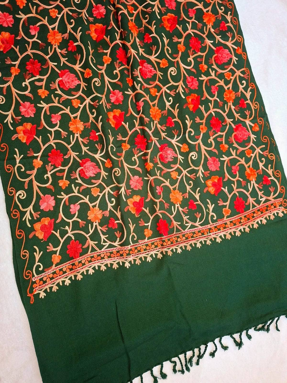 Kashmiri Embroidered Dark Green Wool Blend Shawl | Traditional Floral Aari Embroidered Winter Wrap (75x210 cm)