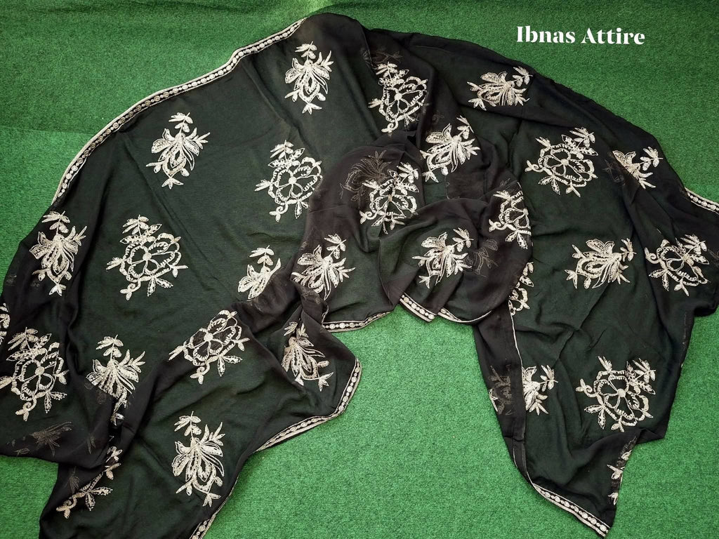 Agha Jaan Designer Black Chiffon Sequins Embroidered 3-Piece Suit | Plus Size Festive Wear (Size- 46)