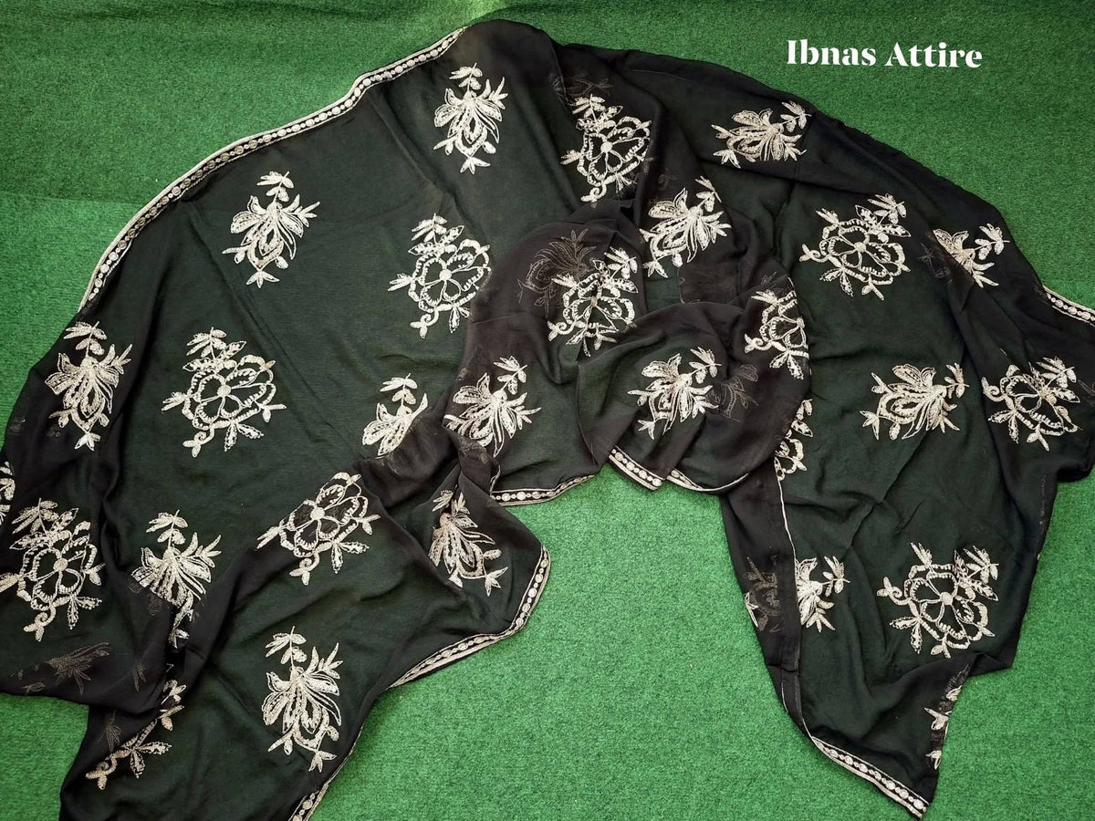 Agha Jaan Designer Black Chiffon Sequins Embroidered 3-Piece Suit | Plus Size Festive Wear (Size- 46)
