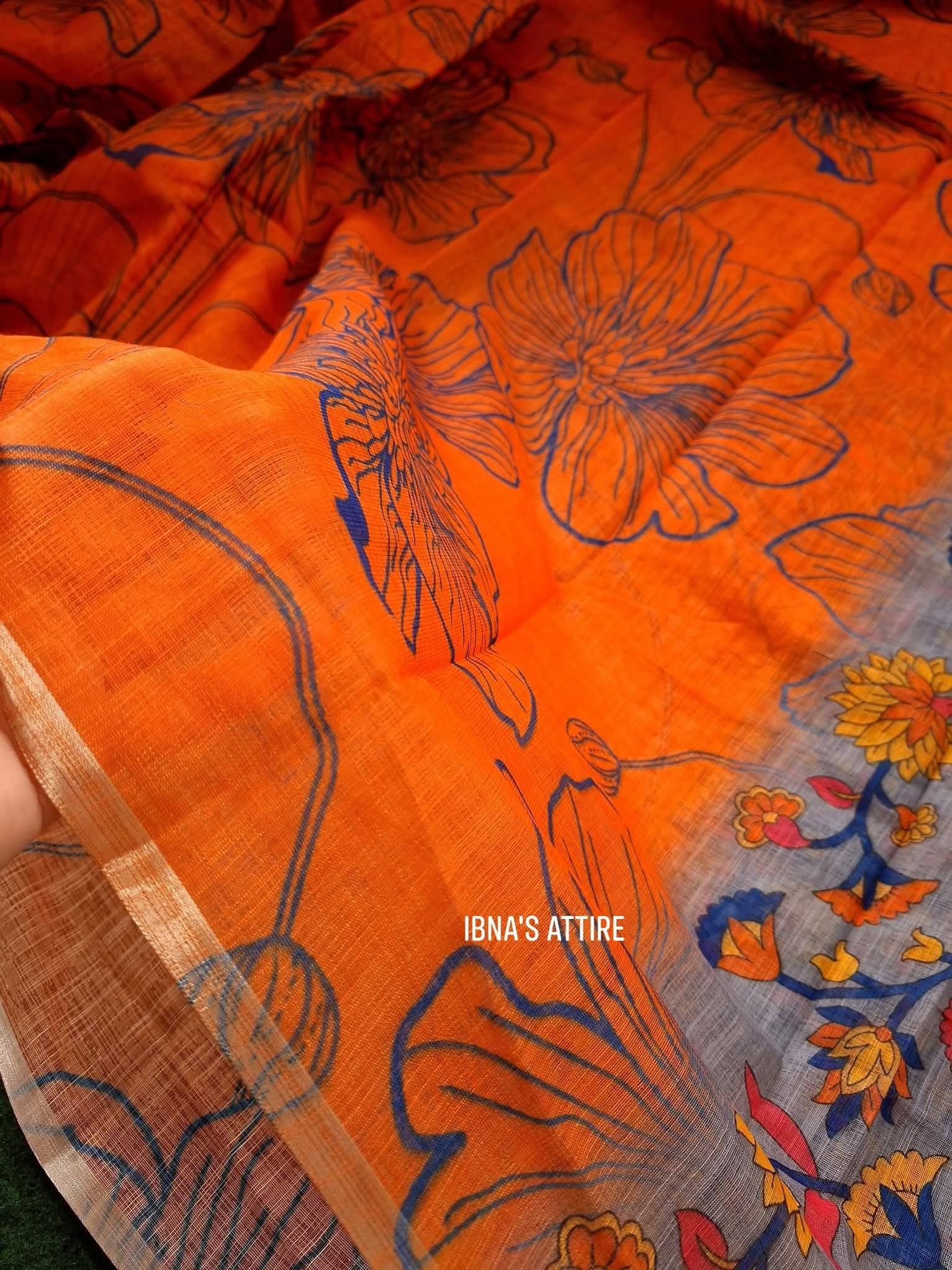 Soft linen floral Saree -burnt orange