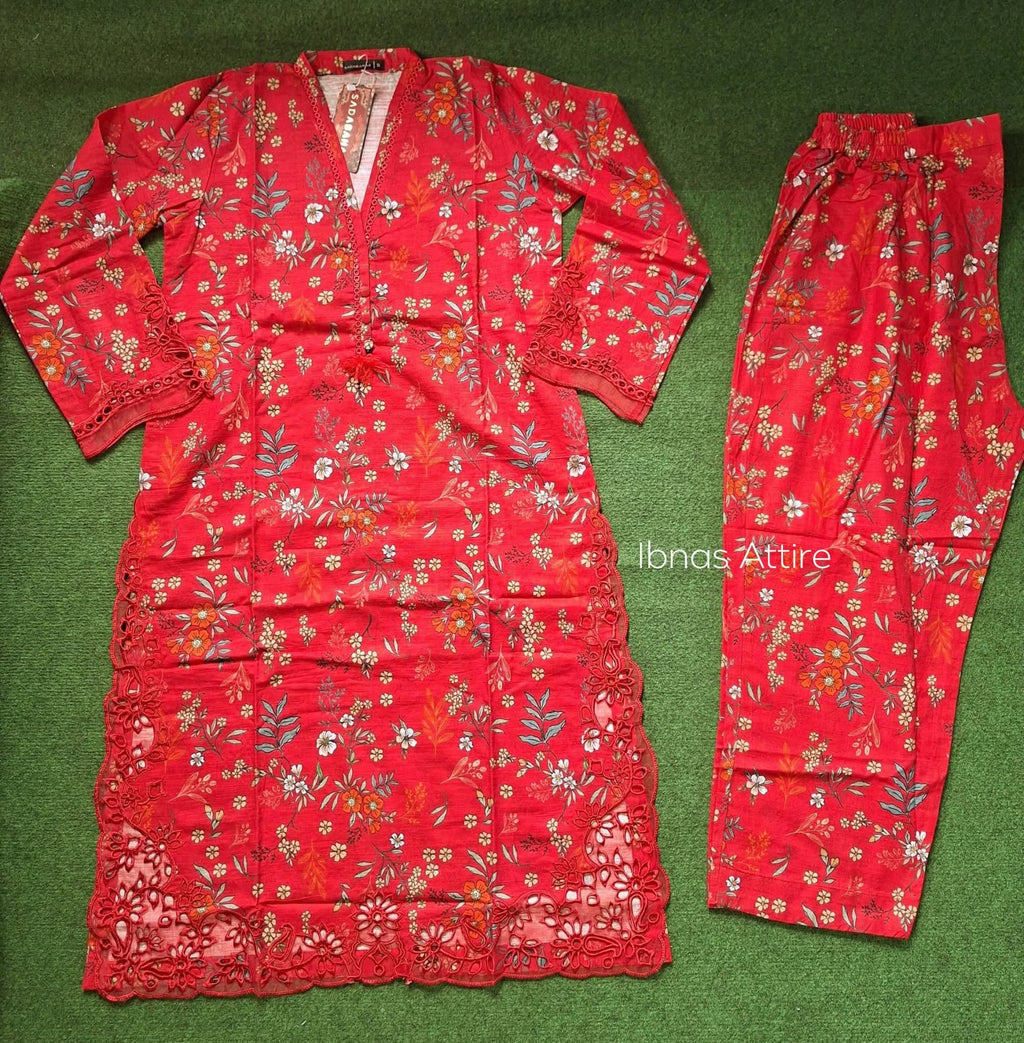 Sadabahar Pakistani Winter Lawn 3-Piece Suit | Red Floral Printed Kurta with Cutwork & Dupatta (Size- 38) (Loose fit)