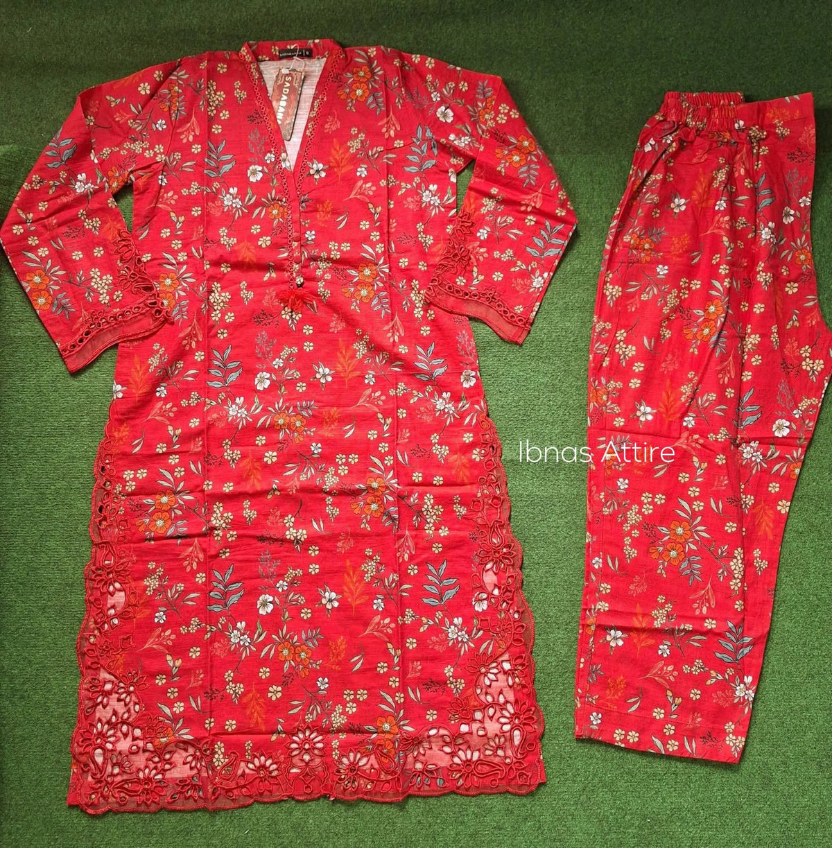 Sadabahar Pakistani Winter Lawn 3-Piece Suit | Red Floral Printed Kurta with Cutwork & Dupatta (Size- 38) (Loose fit)