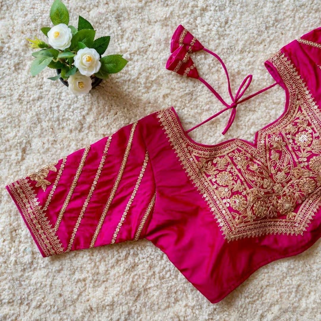 Readymade Blubbery Silk Saree Blouse with Golden Embroidery and Sequins Work in (2 colors) (Size-40)-(Free Size Alteration Available from 38 to 42 Size)