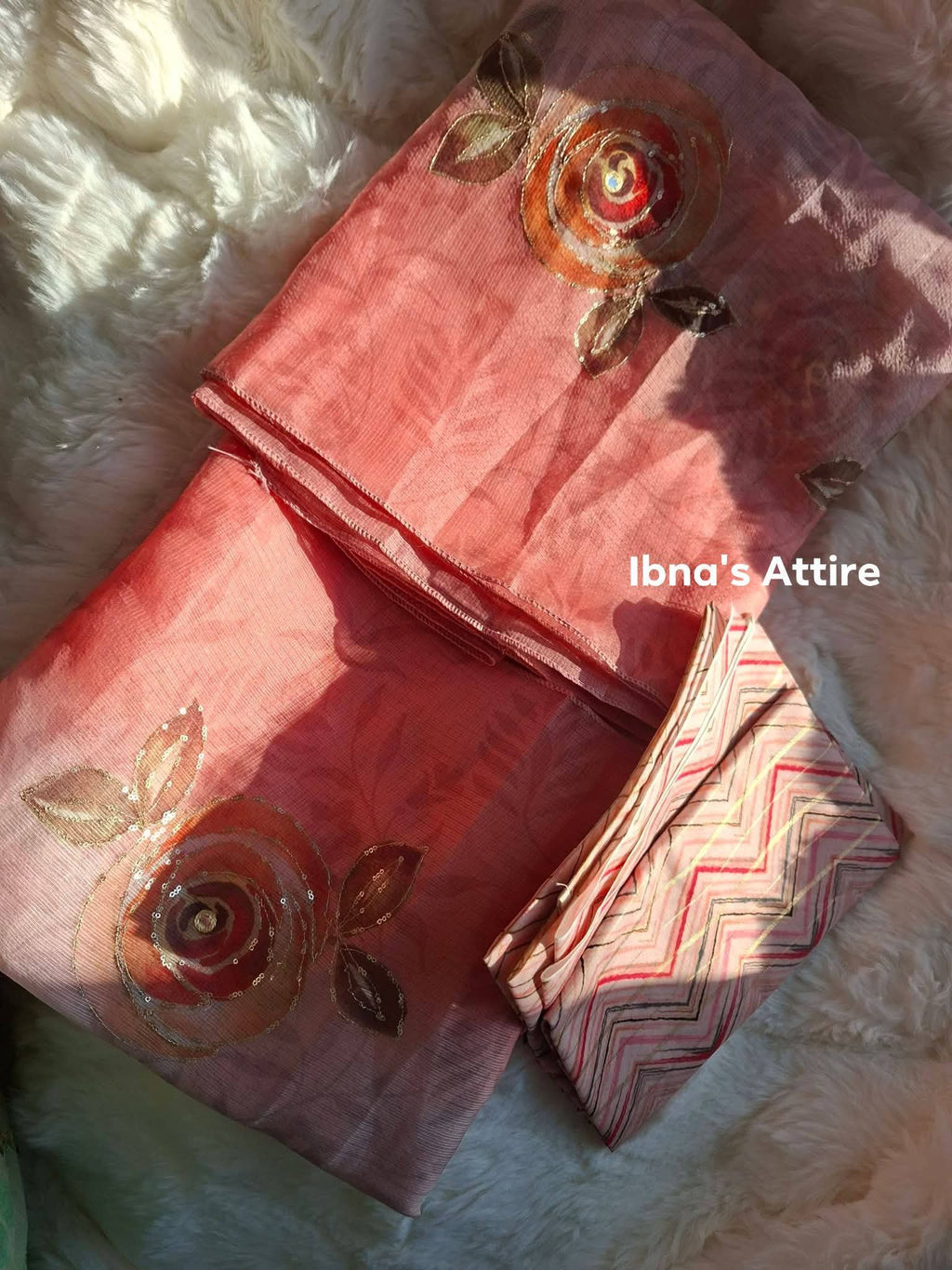 Lightweight Leno Cotton Printed Saree with Hand Katha & Sequin Work | Matching Muslin Digital Print Blouse