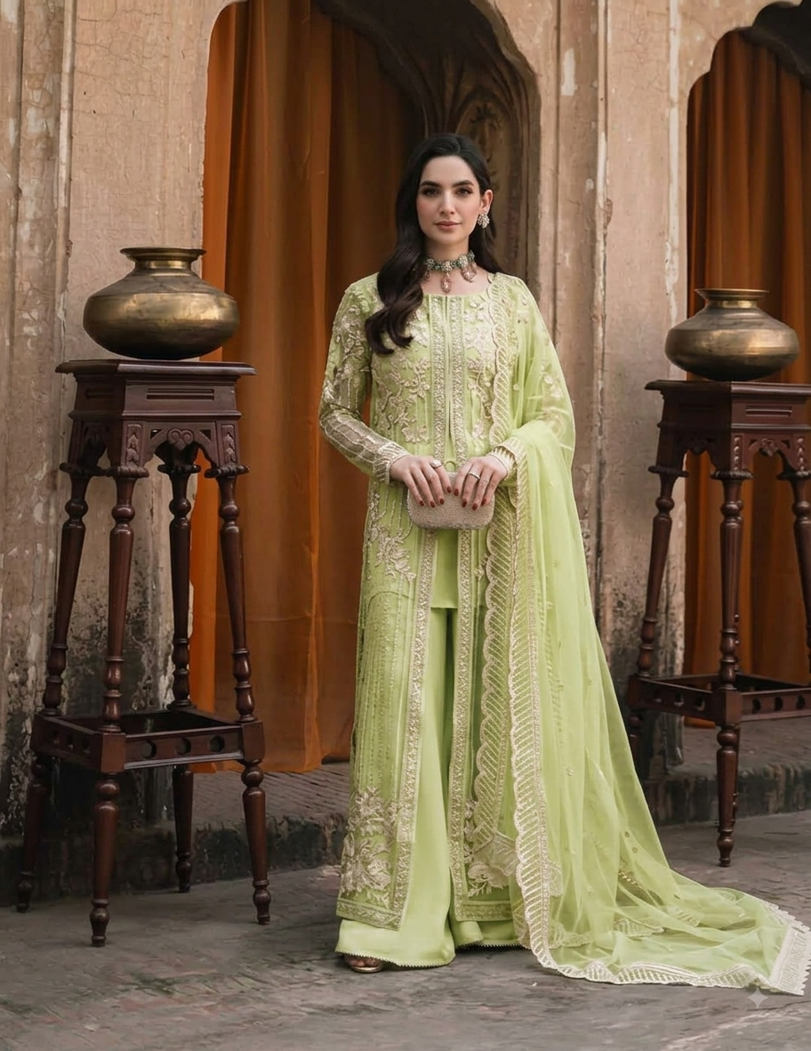 A woman stands in a traditional courtyard wearing a light lime green pakistani salwar kameez suit 