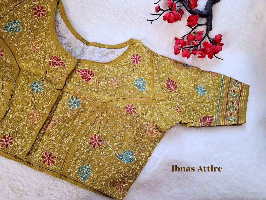 Handcrafted Kantha Stitch Malai Cotton Readymade Blouse | Olive Green Embroidered Saree Blouse (Size-40) (Free size alteration available from 36 to 42 size)