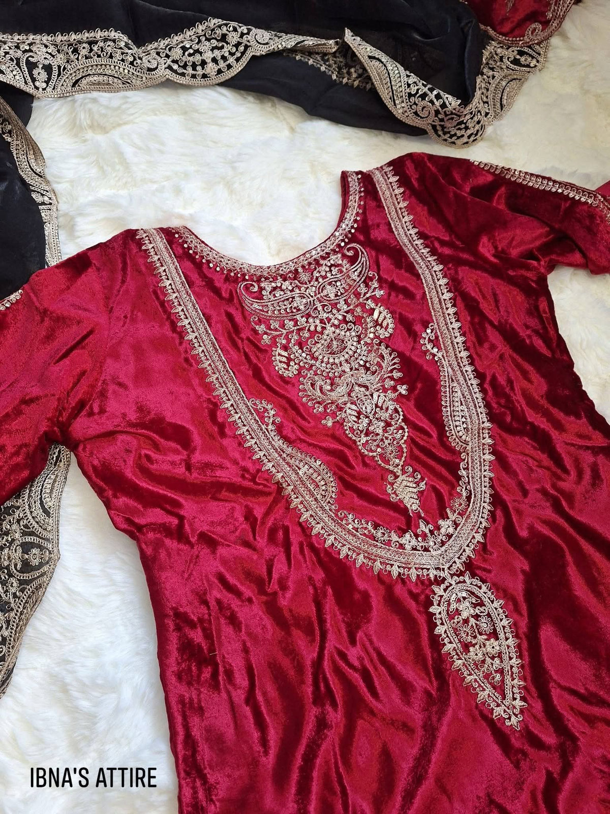 Women's Premium Ice Velvet Zari Embroidered 3-Piece Suit with Fendi Dupatta | Maroon Festive Wear