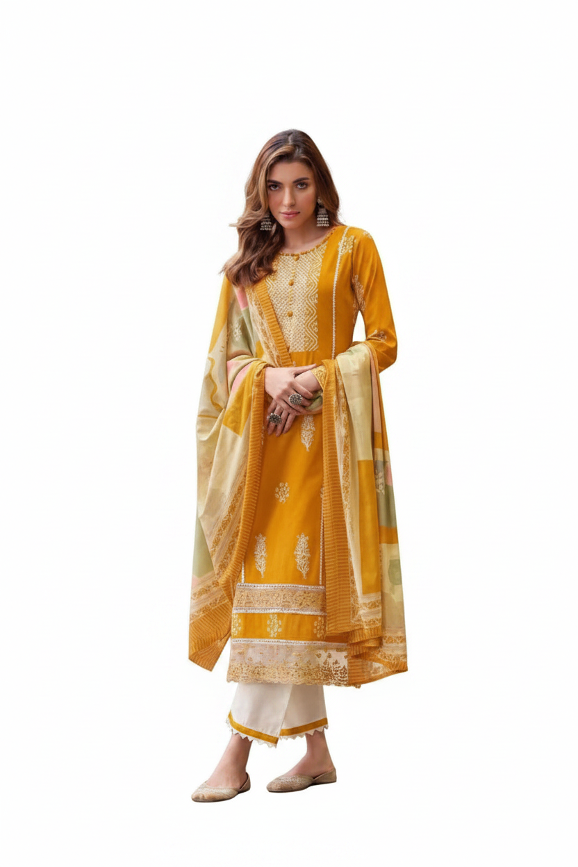 Premium 3-Piece Pure Cotton Lawn Suit with Shifli Embroidery & Mulmul Dupatta