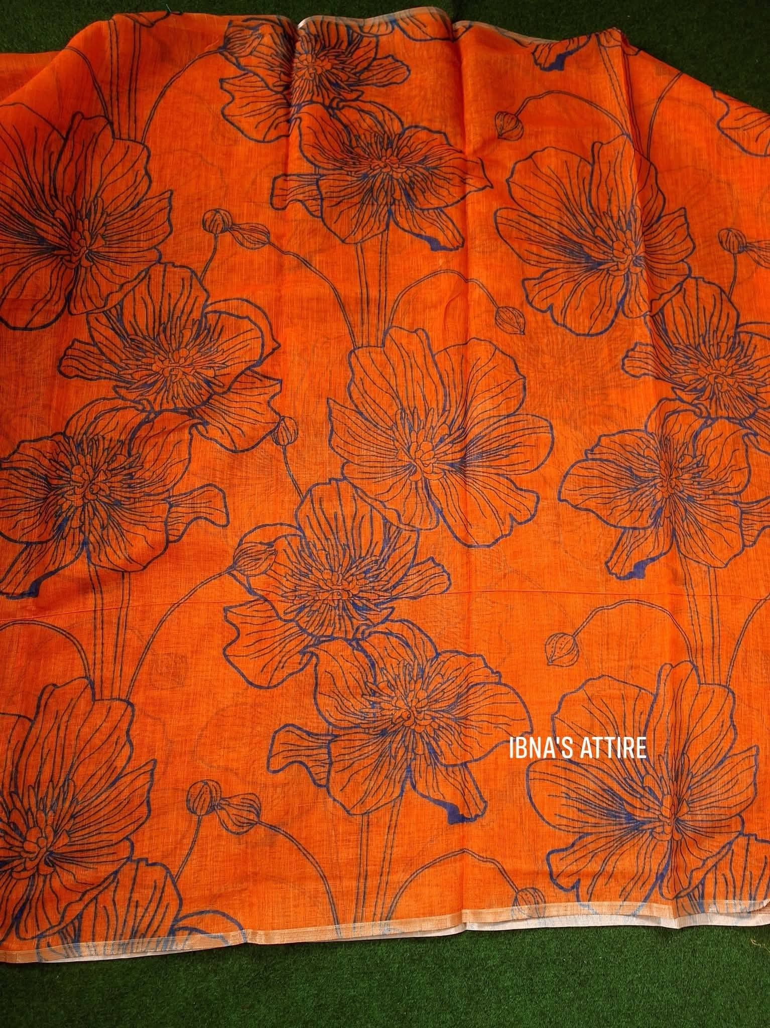 Soft linen floral Saree -burnt orange