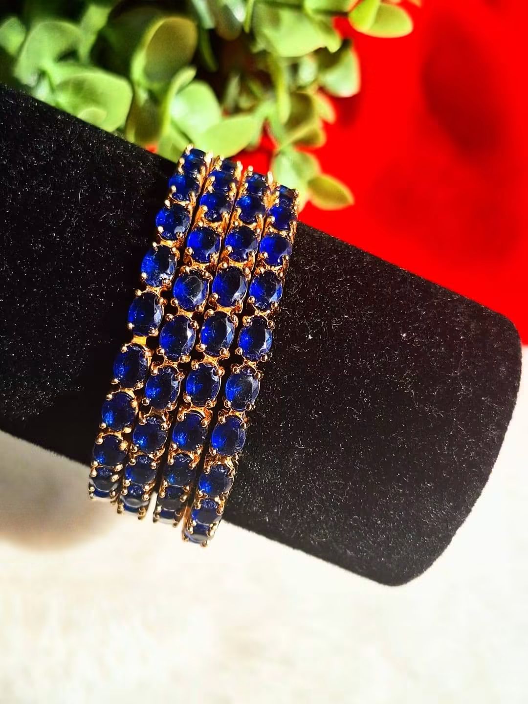 Gold Plated AD Stone Bangles Set - 4 Pieces in Vibrant Blue- (Size-2.4 & 2.6)