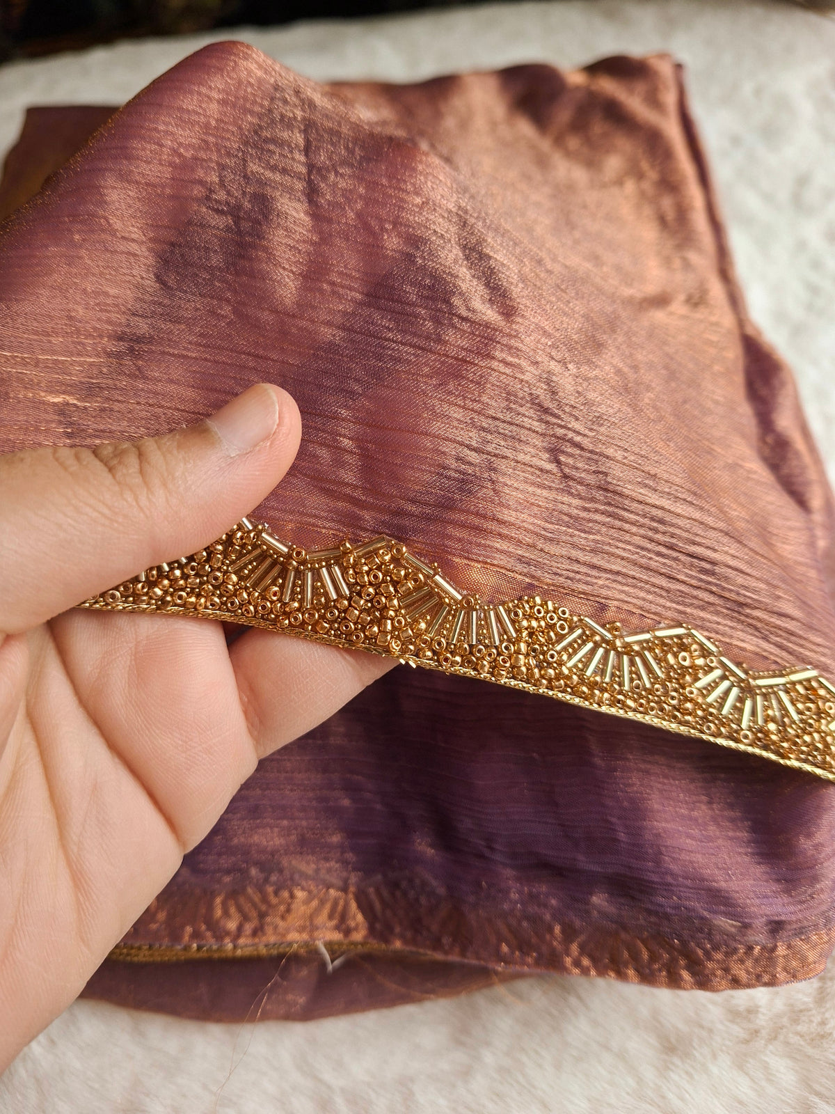Exclusive Elegant Metallic Purple Designer Saree in Two-Tone Fabric with Heavy Lace Work and Running Blouse Piece