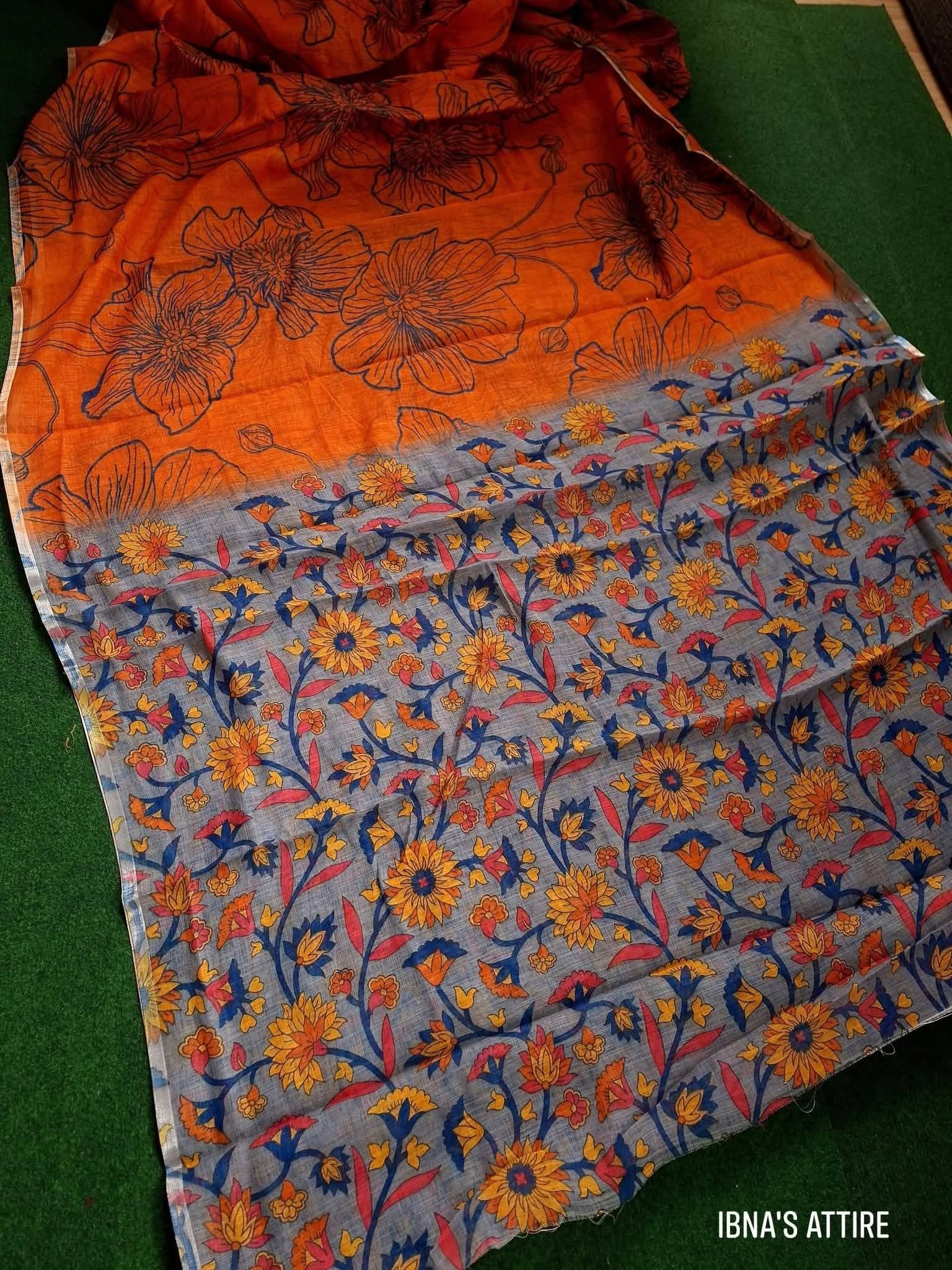 Soft linen floral Saree -burnt orange