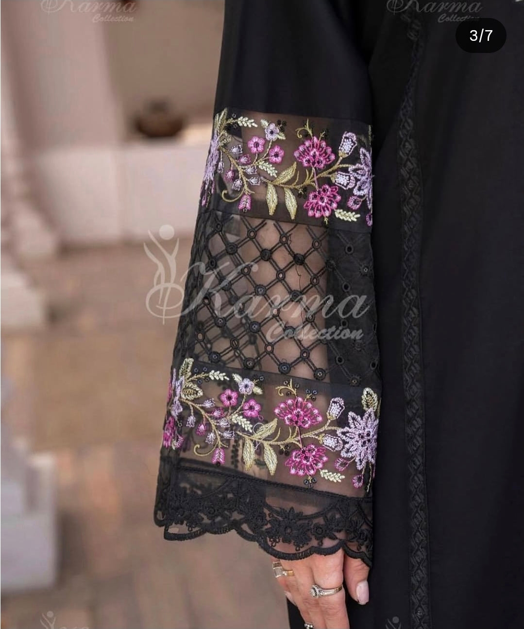 Karma ChikanKari Pakistani Lawn 3-Piece Suit | Black Floral Printed Khaddi Dupatta Set (Size- 38)
