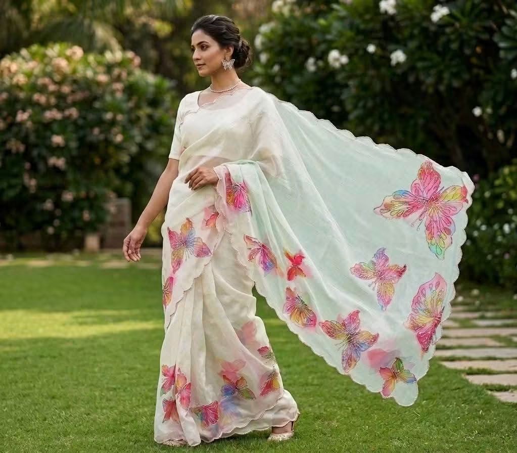 Exquisite Designer Organza Saree with Allover Butterfly Pearl Handwork & Scalloped Cutwork Border | Unstitched Bangalori Silk Blouse