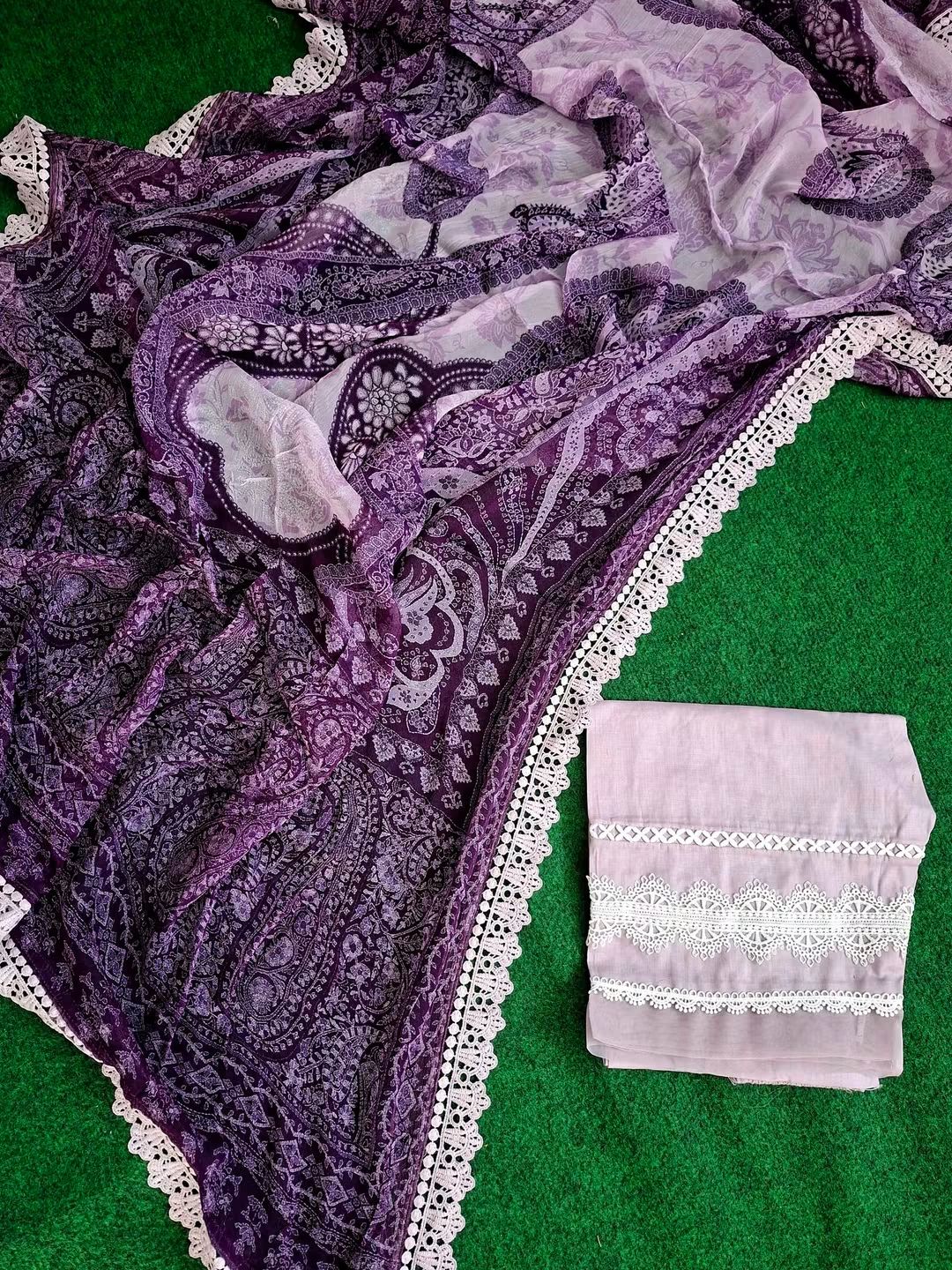 Gul Adhar Soft Lilac Color Luxury Pakistani Slub Lawn Chikankari 3-Piece Suit (Size-48)