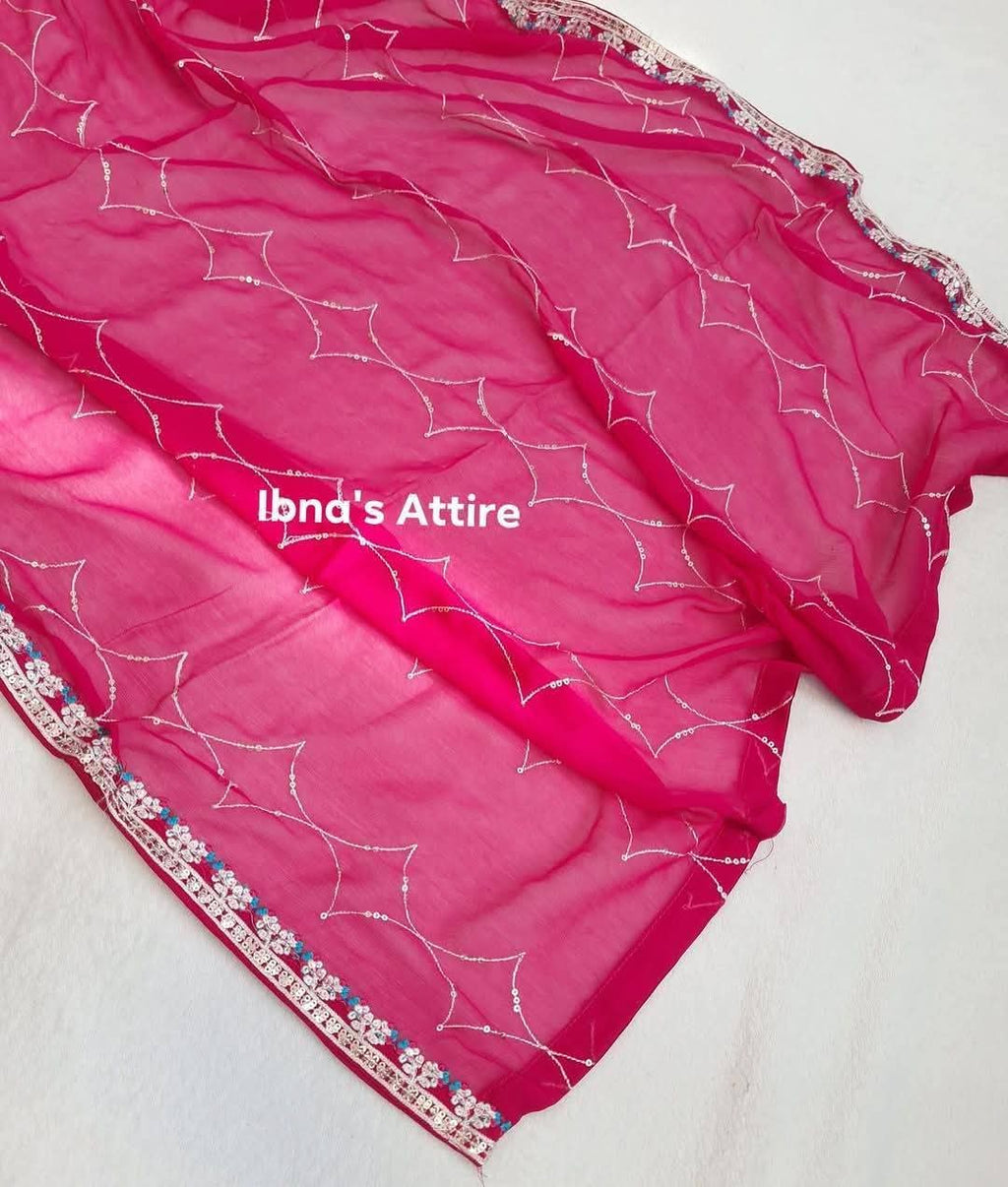 Aghanoor Chiffon 3-Piece Suit | Magenta Handwork Top & Embroidered Silk Trousers (Size-42)