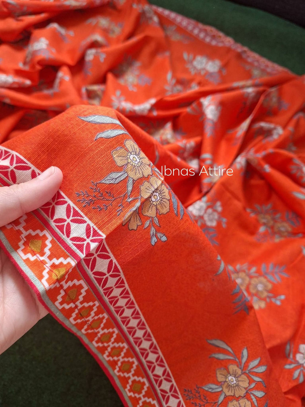 Sadabahar Pakistani Winter Lawn 3-Piece Suit | Red Floral Printed Kurta with Cutwork & Dupatta (Size- 38) (Loose fit)