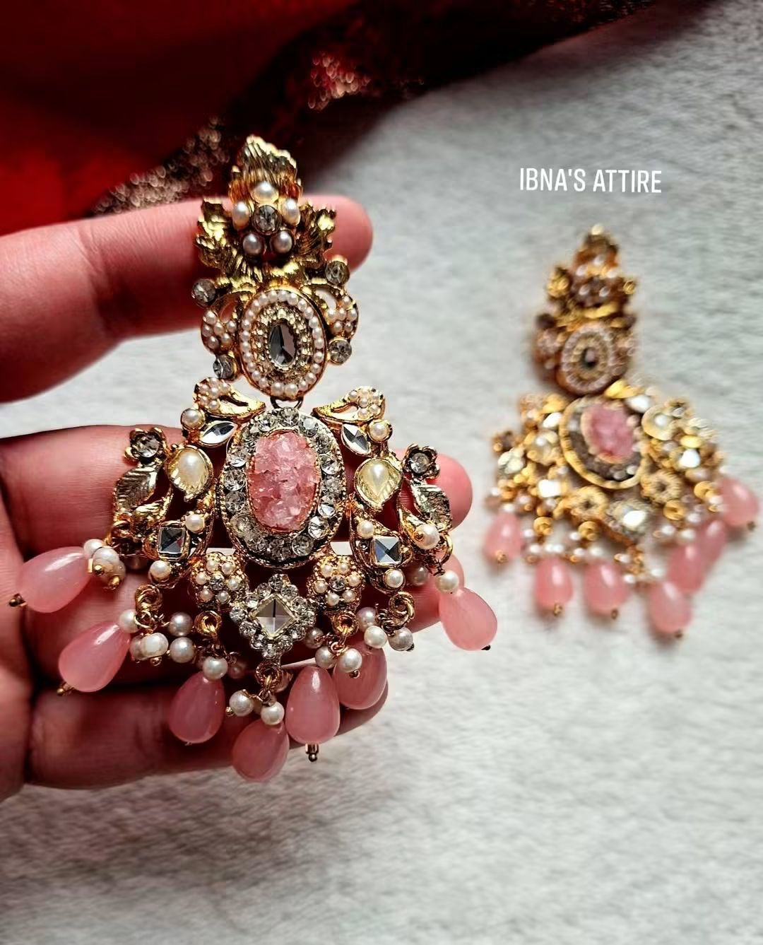 Gold Plated Statement Earrings with Crushed Pink Stones, Pearls, and Hanging Bead Dangles