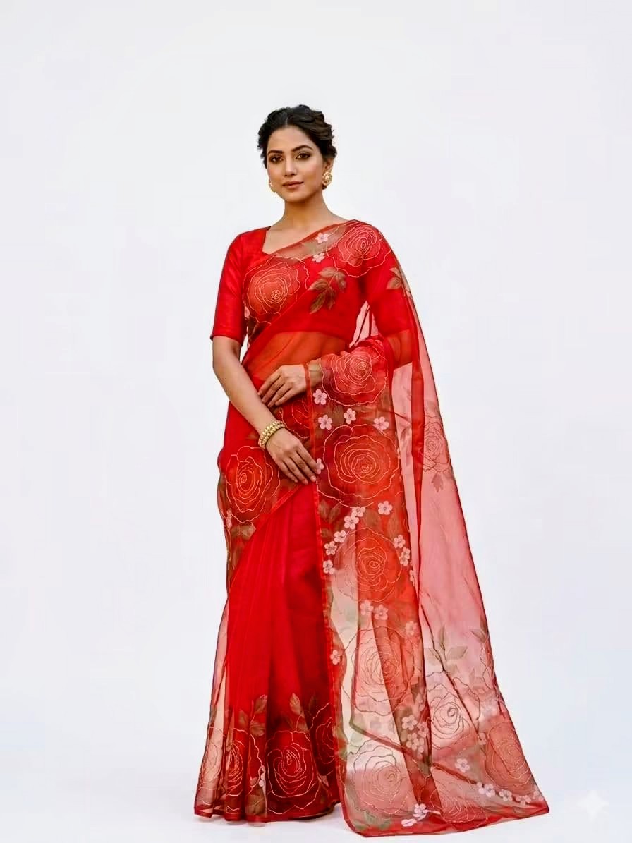 Red Soft Organza Saree | All-Over Floral Print with Kardana Handwork & Bangalory Silk Blouse Piece