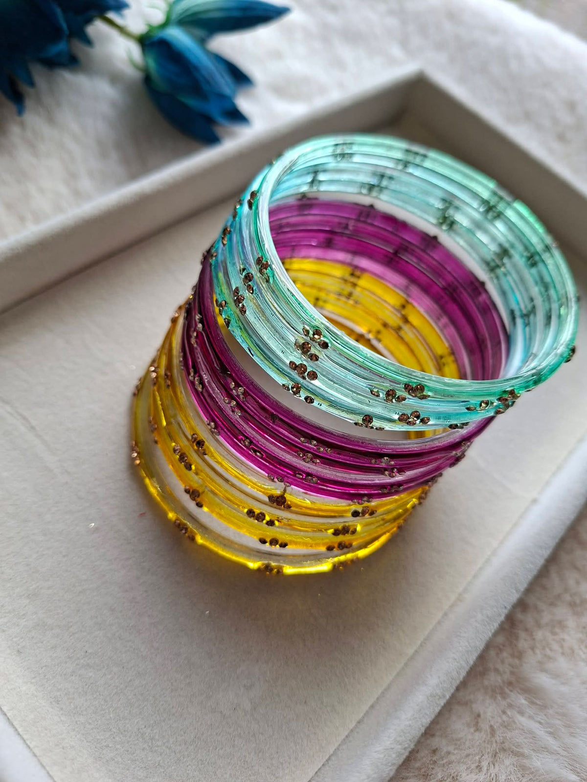 12-Piece Multi-Color Glass Bangle Stack with Gold Sequin Accents | Bright Yellow, Deep Purple & Aqua Teal Glass Churi Set (Size 2.8)