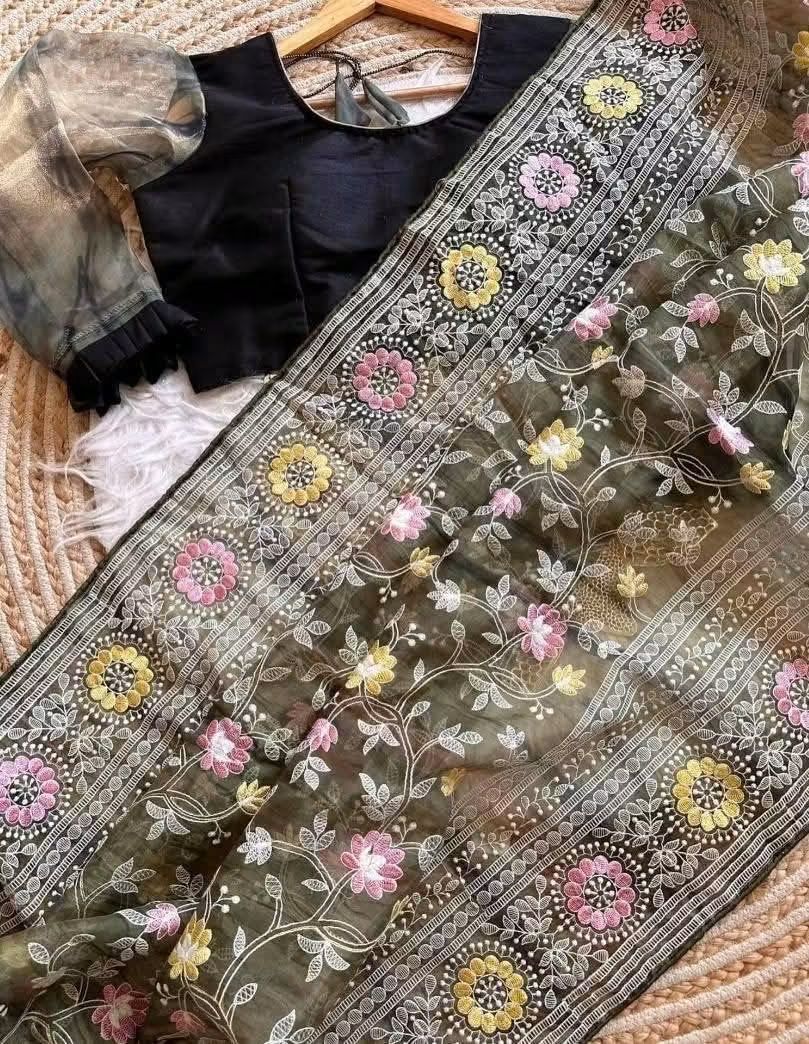 Designer Organza Party Wear Saree with Kashmiri Thread Work & Readymade Blouse (free size alteration- 38,40,42)