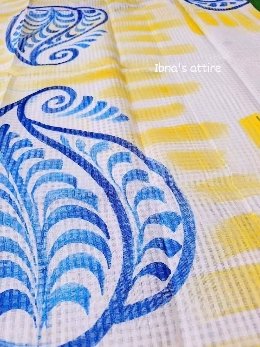 Premium Quality Hand-Painted Kota Saree in White and Yellow with Bold Blue Paisley Motifs (No Blouse Piece)