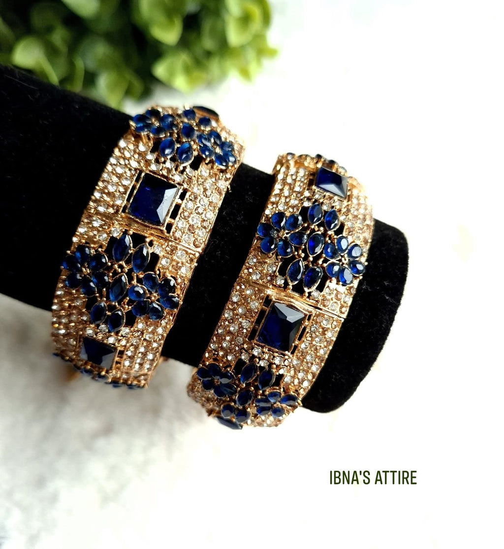 American Diamond Gold-Plated Openable Bangle Pair | Royal Blue Cubic Zirconia Statement Kada Bangles (Size 2.6)