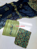 Featuring a Traditional Ajrak Printed patchwork 3-Piece Suit-in ive green, blue color -Lightweight, breathable fabric engineered for all-day ease and a smooth silhouette.Deep-toned printed dupatta featuring classic heritage geometric patterns and borders.Hand-finished fabric patch detailing adding rich texture to the green striped base.