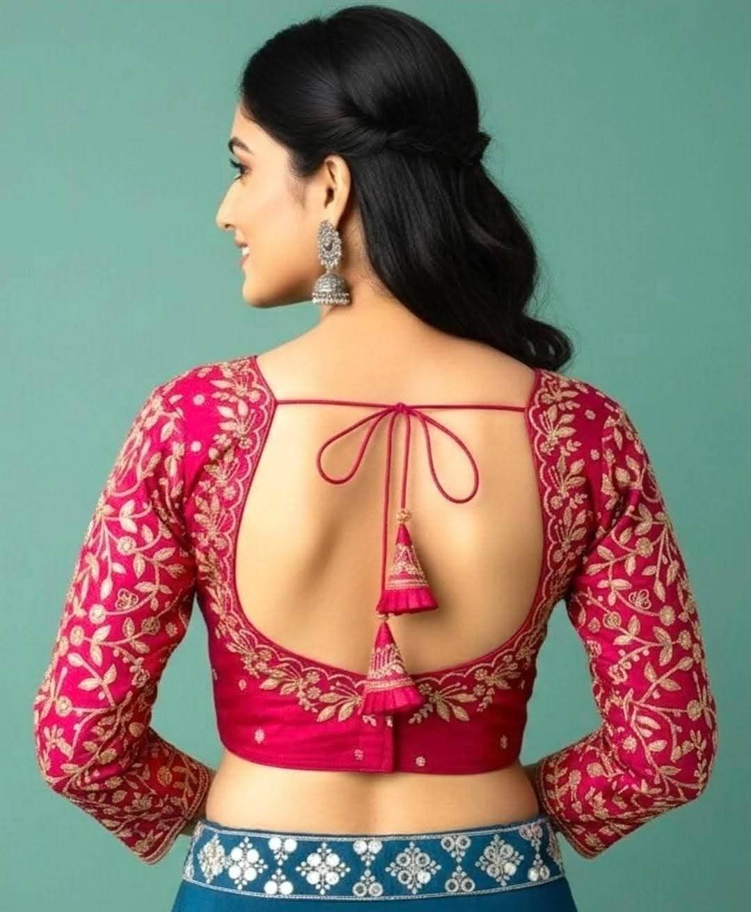 Bridal Special Heavy Gold Zari & Sequin Embroidered Mumtaz Cut Long-Sleeve Blouse | Crimson Red Pure Vichitra Silk Readymade Saree Blouse (Size 38, Alterable 38-42)
