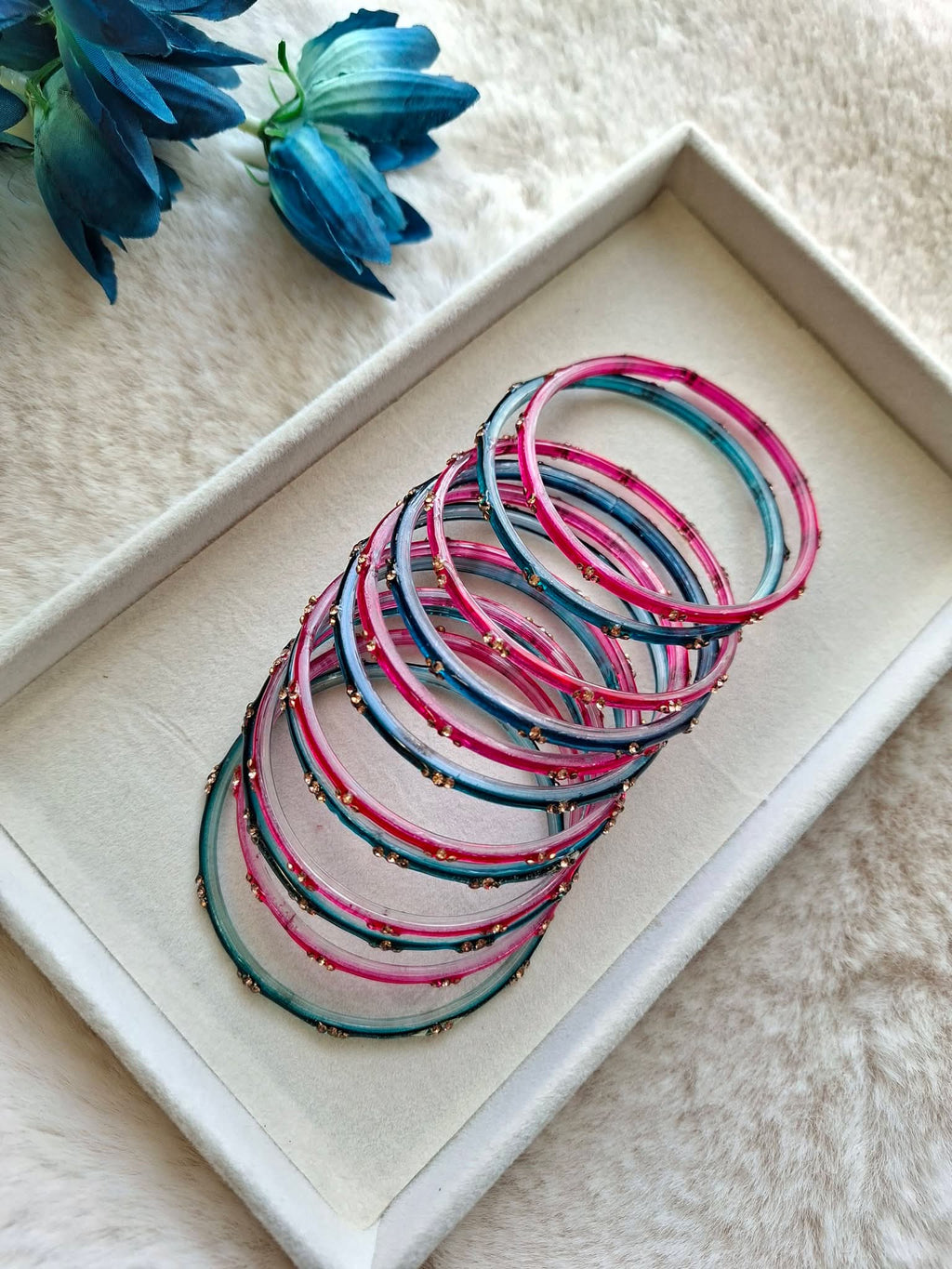 12-Piece Dual-Tone Glass Bangle Stack with Gold Sequin Accents | Peacock Teal & Crimson Magenta Festive Glass Churi Set (Size 2.8)