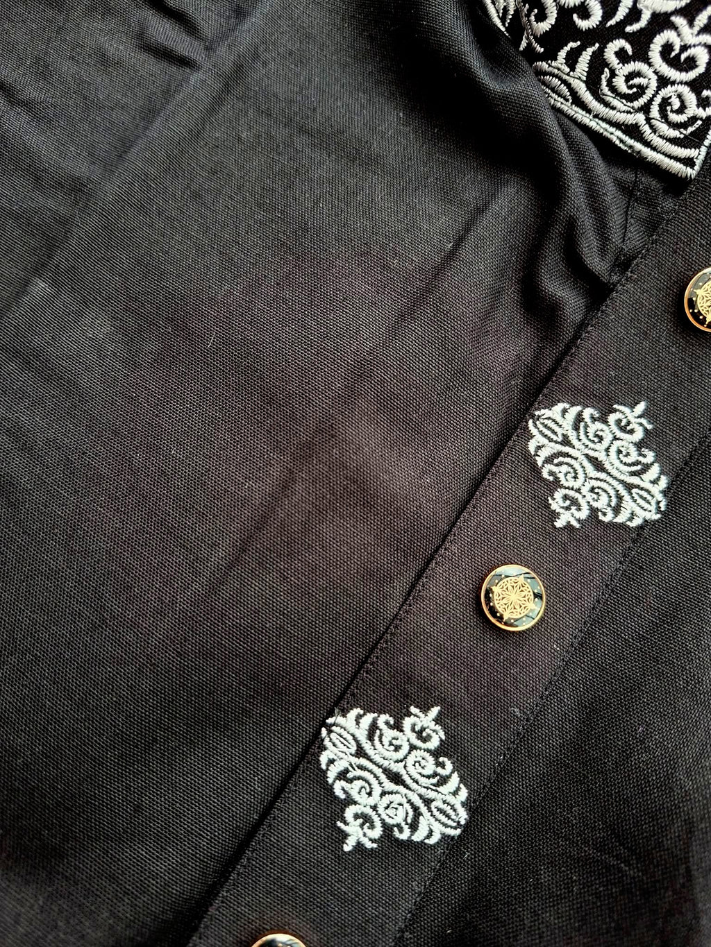 Men's Classic Black Soft Cotton Panjabi with Silver Thread Embroidered Collar & Cuffs (Size 42 & 48)
