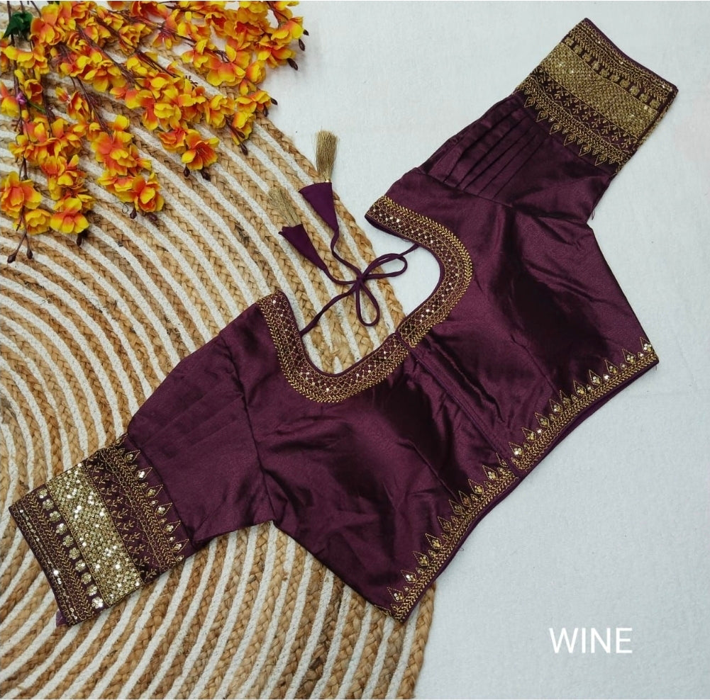 Ready-to-Wear Boutique Special Jasmin Silk Blouse with Sequence Embroidery, Puff Elbow Sleeves in (8 colors) (Size-38)-(Free Size Alteration Available From 36 to 40 Size)