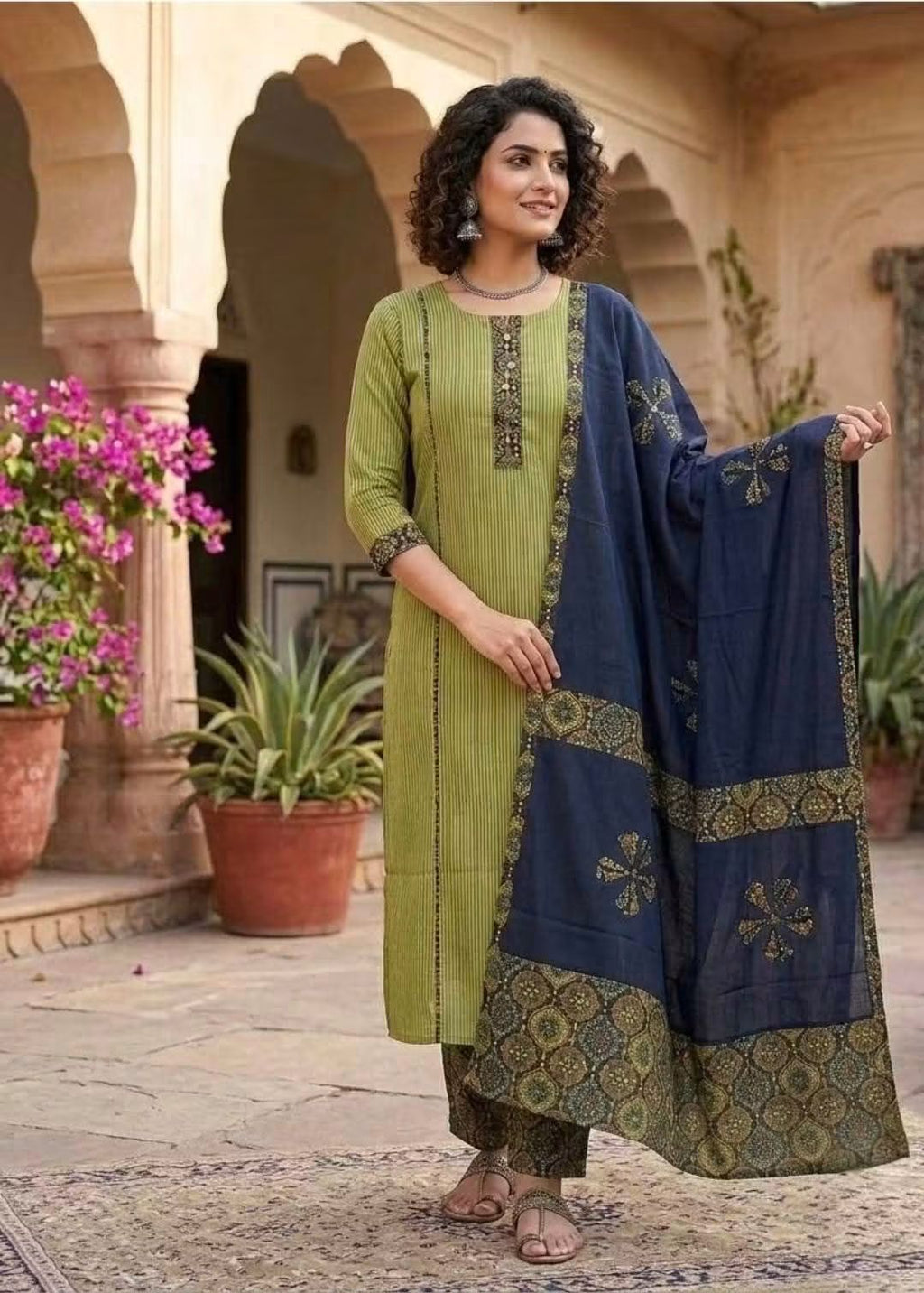 Pure Soft Cotton Ajrak Printed 3-Piece Suit with Applique Work - Green Kurti and Matching Cotton Pant & Dupatta (Size- 46)
