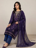 A woman models a traditional three-piece salwar kameez suit in deep purple. The set includes a heavily embroidered Pakistani chiffon purple kameez top, matching purple silk pants, and a sheer purple Chiffon dupatta with floral embroidery and metallic borders.