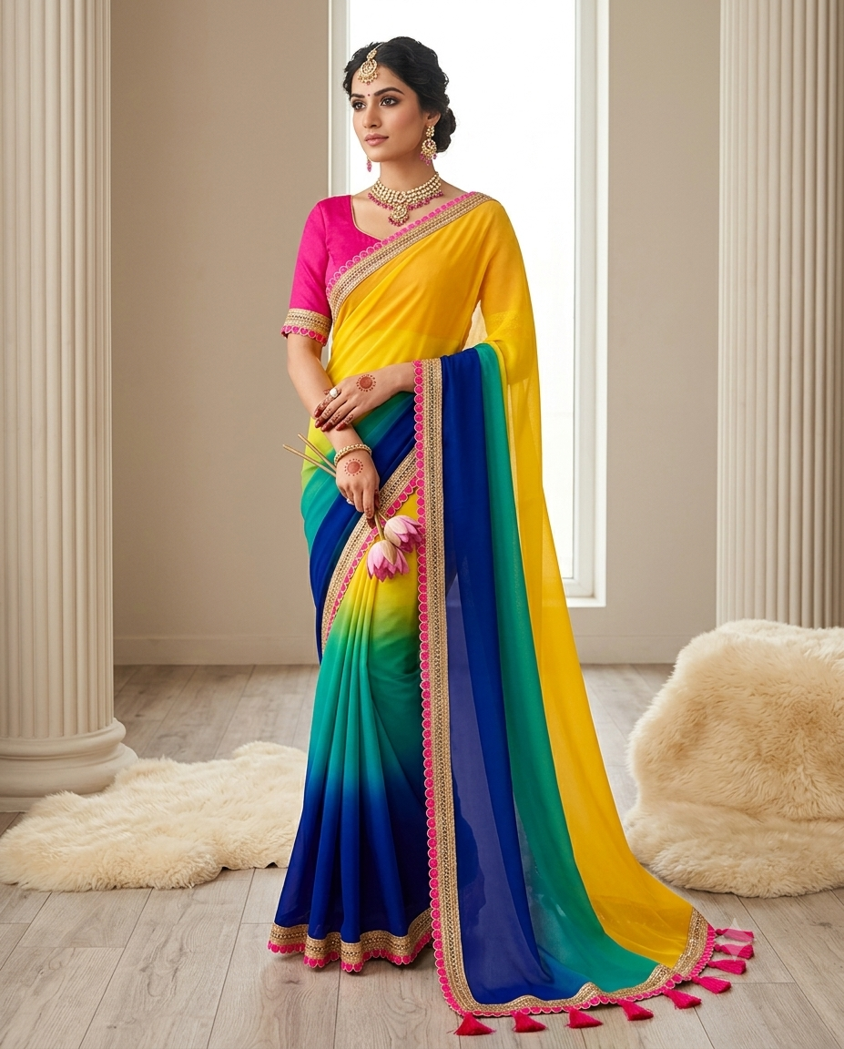 A woman models a vibrant, multicolored georgette saree in a classical Indian room setting with columns. The saree features a yellow and blue ombre body with a bright pink border and a matching pink blouse.
