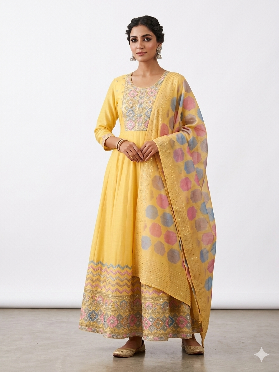 Luxury designer Chanderi silk Gown (53" Long) with dupatta