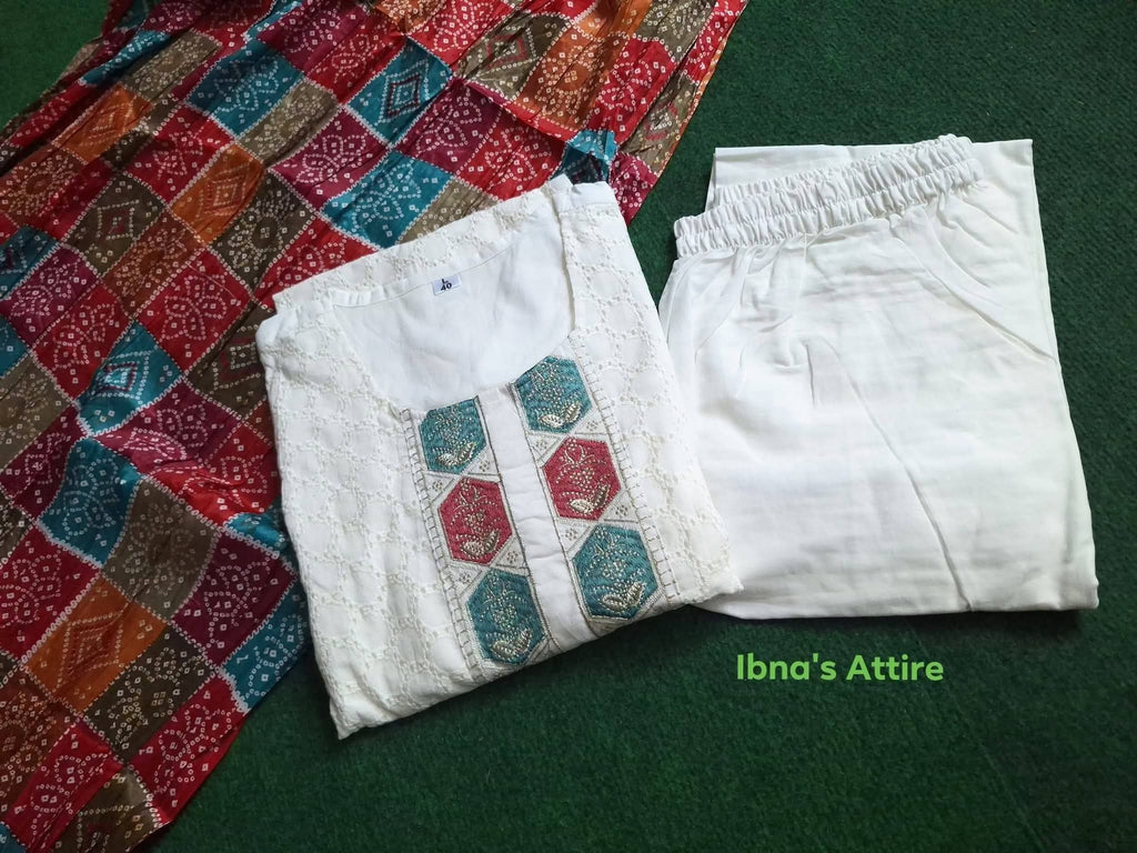 Pure Cotton 3-Piece Suit with Schiffli Chikankari Top, Pants & Printed Cotton Silk Dupatta