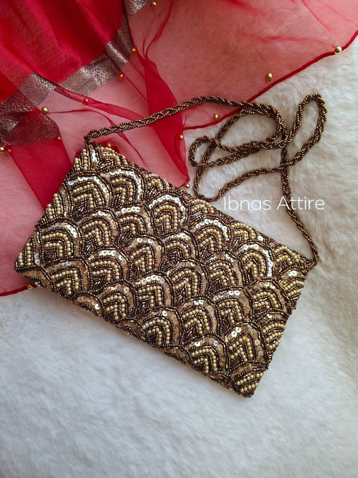 Handcrafted Beaded & Sequin Ethnic Clutch | Gold & Bronze Designer Party Purse with Sling Strap