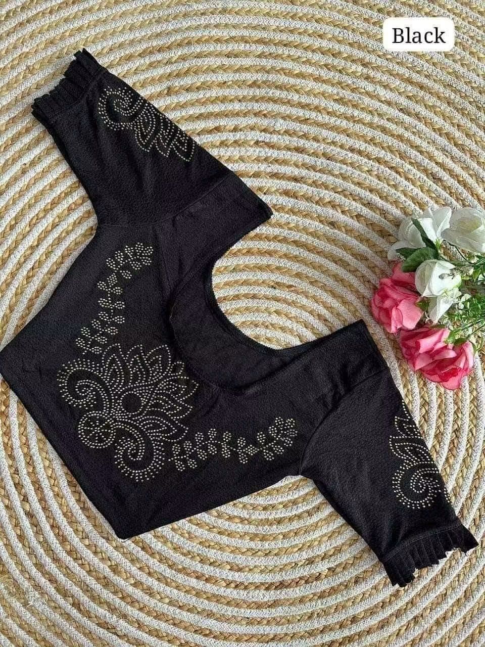 Stretchable Lycra Saree Blouses with Original Sirojki Work and Frill Sleeves in (5 colors)- (Free Size: 36,38,40)