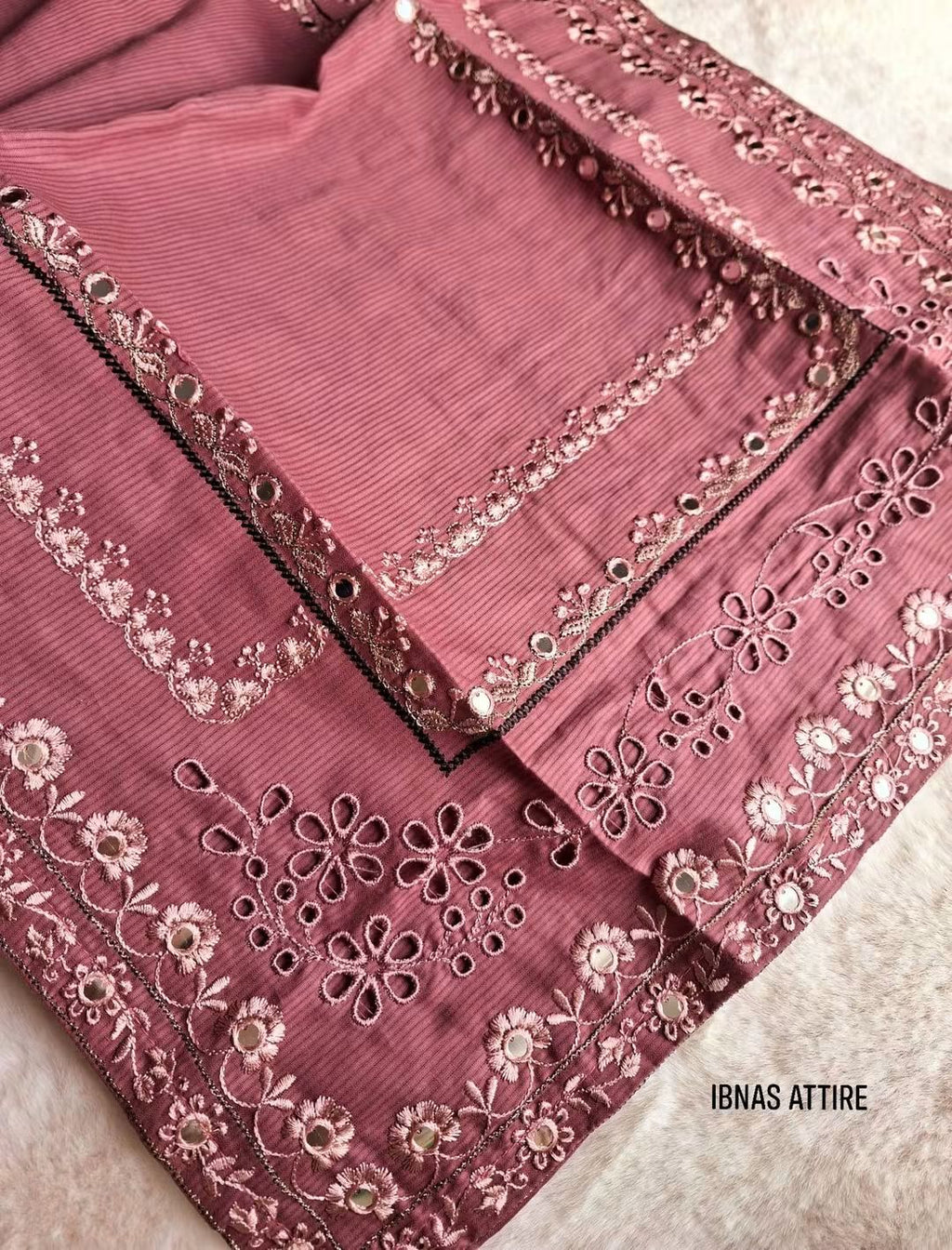 Pakistani Self Cotton 2-Piece Kurta Set | Mauve Festive Suit with 9MM Sequin Embroidery & Tassels (Size- 38)