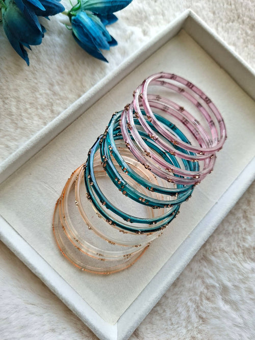 12-Piece Tri-Tone Glass Bangle Stack with Gold Sequin Accents | Champagne Gold, Peacock Teal & Mauve Lilac Festive Glass Churi Set (Size 2.8)