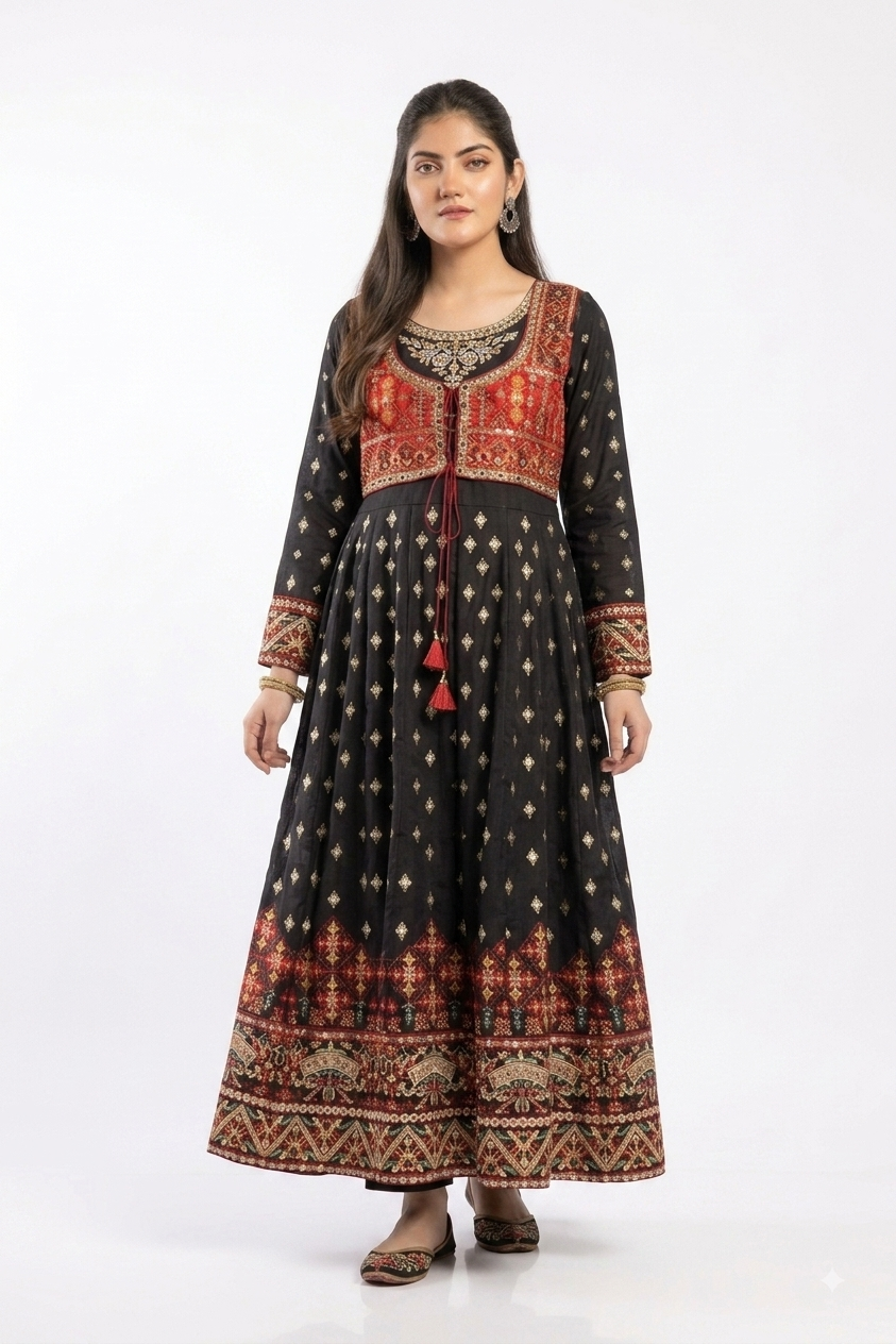 A woman modeling a long black pakistani katan silk Anarkali gown with red and gold traditional patterns, standing against a plain white studio background.